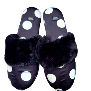 Victoria's Secret Satin Black and White Large Polka Dot Fur Trim Slippers Sz.M